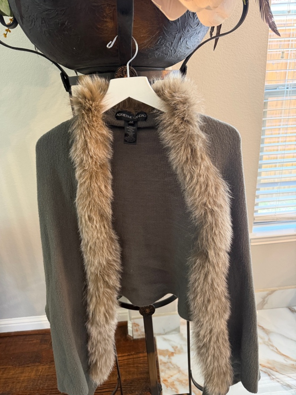 Adrienne Landau Gray Knit Cape with Real Fox Fur Trim